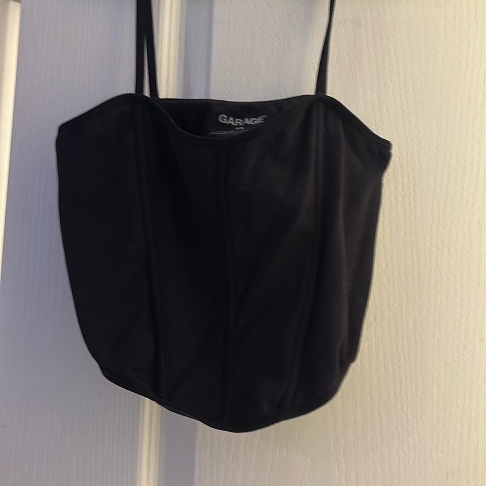 black corset like crop top tight fit, cute for a night out or a concert!